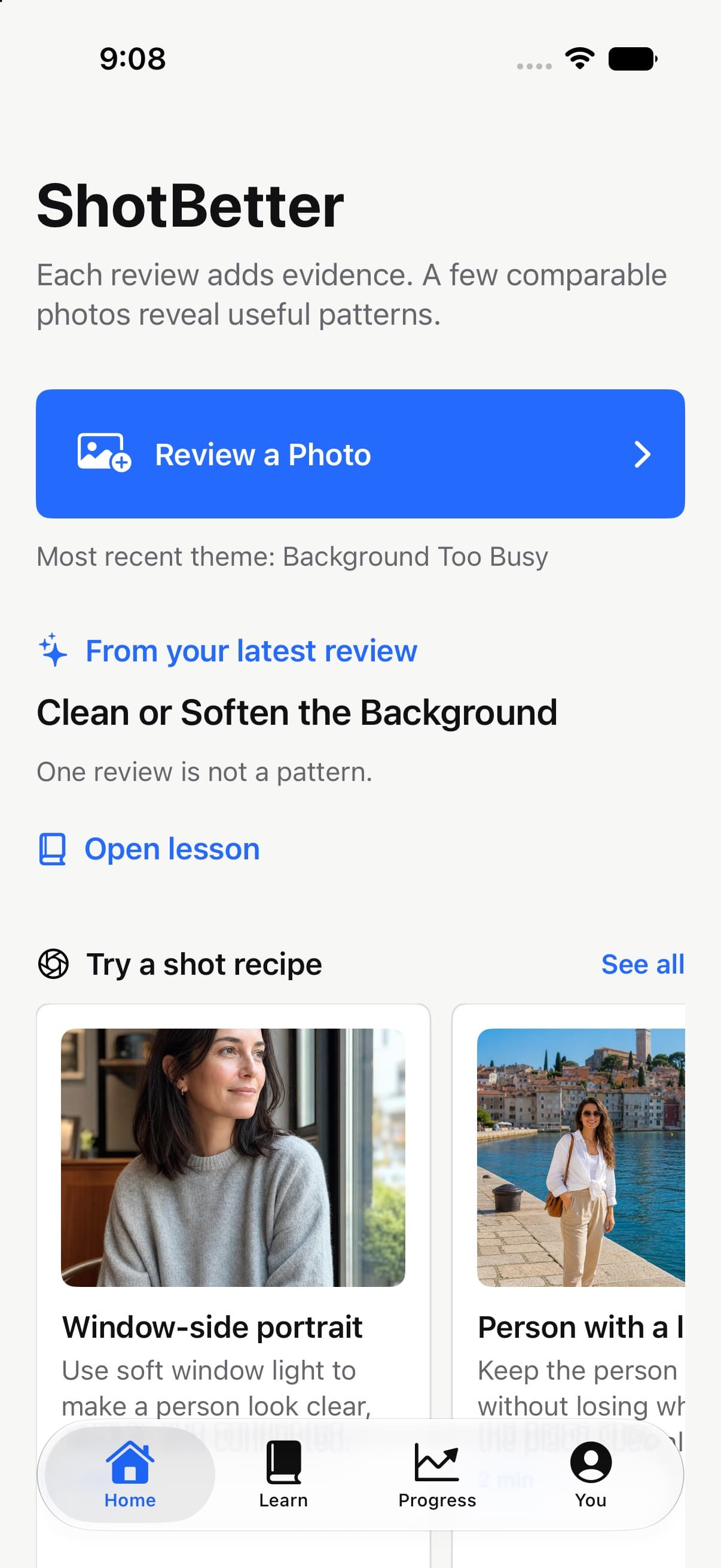 ShotBetter home screen with a review action, a suggested lesson, and shot recipes.